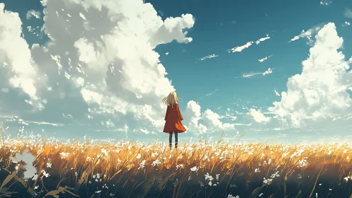 Figure observes expansive clouded sky over illuminated field