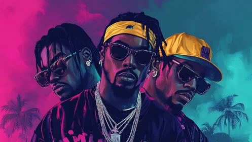 Triadic hip hop portraits glow against neon tropical backdrop