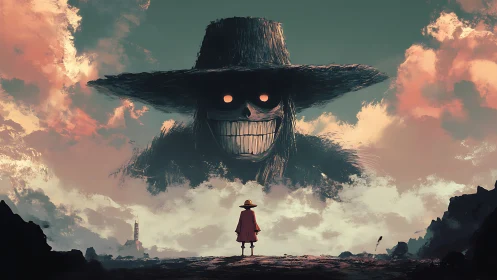 Cinematic digital painting of lone wanderer and spectral colossus.