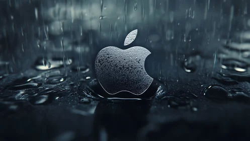 Metallic apple emblem emerges through cinematic rainfall.
