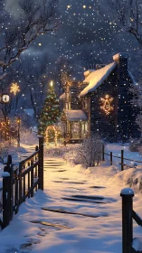Snowlit cottage walkway under warm festive lighting at dusk.
