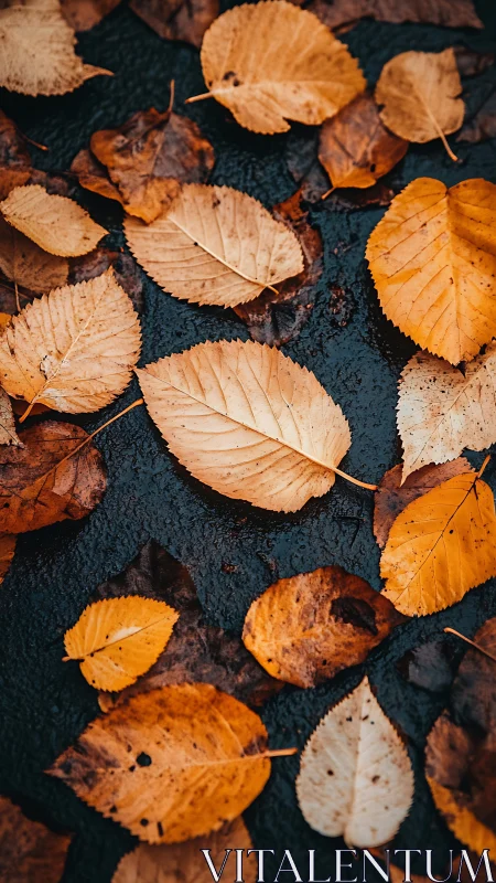 Autumn elm leaves on wet asphalt, shallow depth of field study