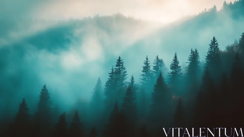 Misty Forest Mountain Valley with Evergreen Trees.