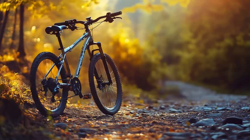 Mountain bike resting on forest trail at golden hour.
