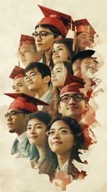 Rising graduates in red caps rendered as hopeful collage.