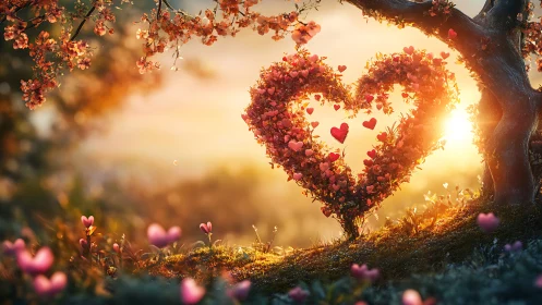 Heart-Shaped Tree with Red Flowers at Sunset.