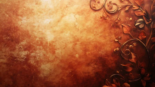 Ornate bronze floral scrolls glow on textured background.