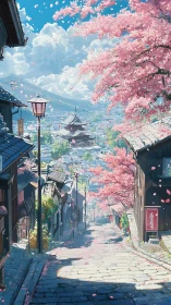 Cherry blossom street overlooks distant pagoda under spring sky