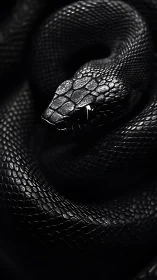 Coiled black snake glistens in dramatic monochrome light.