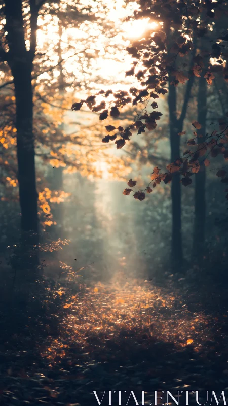 Autumn Forest Path Bathed in Golden Sunlight and Mist