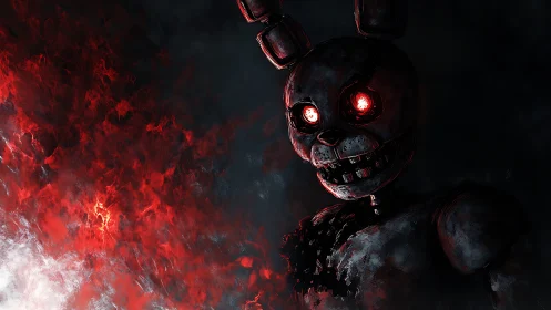 Burned animatronic rabbit in red infernal particle haze
