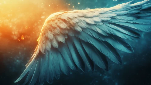 Luminous angel wing drifting gently through glowing twilight.