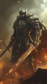 Dark armored knight with blazing greatsword in firestorm.