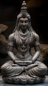 Serene stone deity statue holds tranquil meditative stillness