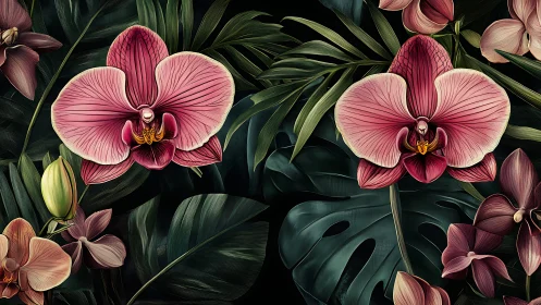 Lush pink orchids glowing softly in deep tropical leaves.