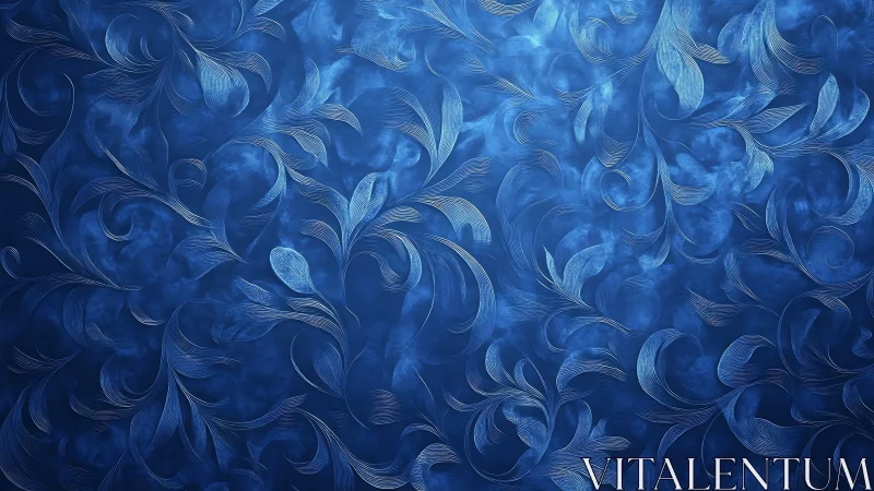 Ornate blue floral arabesque pattern with metallic curves.