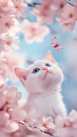 White Cat With Blue Eyes Gazing at Pink Cherry Blossoms