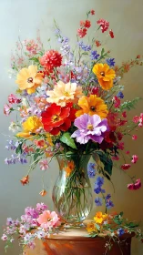 Vibrant Floral Arrangement in Glass Vase. Oil Painting.