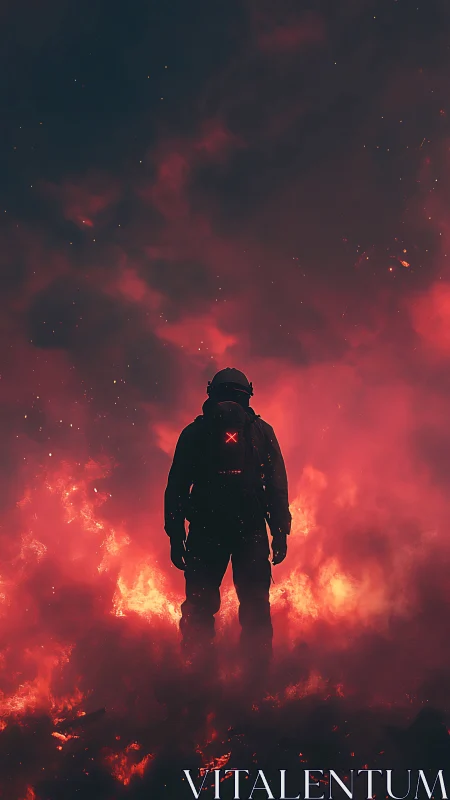 Solitary Figure Amid Crimson Inferno. Digital Sci-Fi Composition.