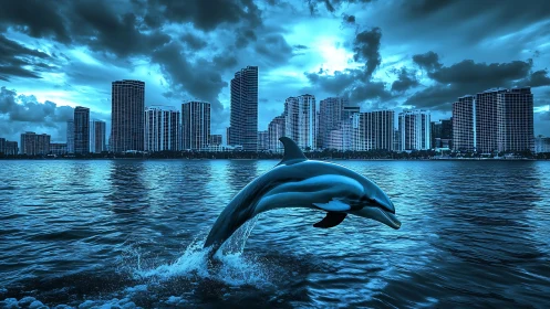 Playful dolphin leaping before a glowing city skyline.