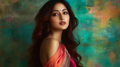 Digital portrait of Indian woman against abstract teal backdrop