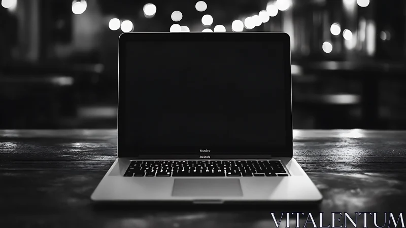 Open laptop glows softly in a dimly lit modern cafe.