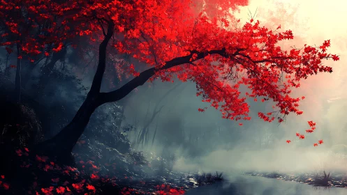 Scarlet maple over misted river rendered in atmospheric digital art