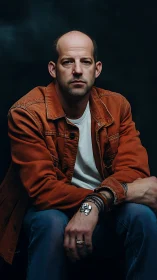 Studio portrait of seated man in rust jacket, low-key lighting.