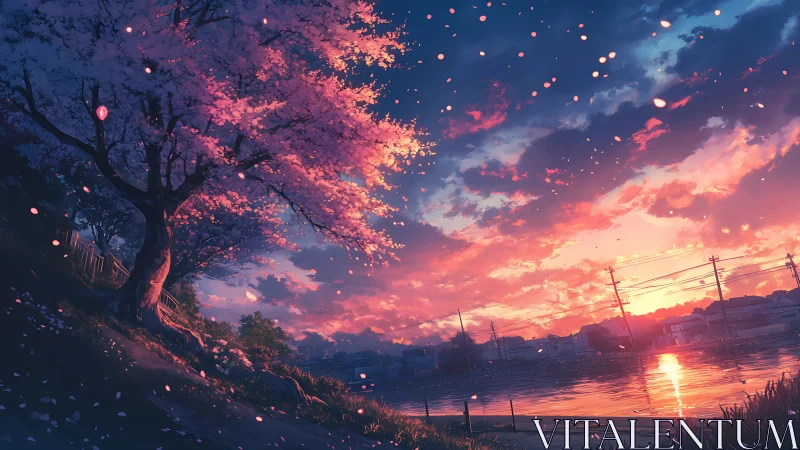 Sakura hillside over river at luminous anime sunset sky.