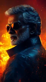 Older man in leather jacket before flames, side profile.