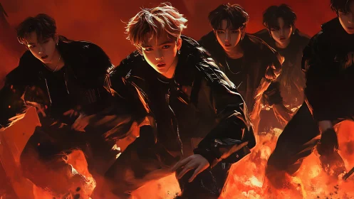 Flaming street crew charging forward in molten orange blaze.