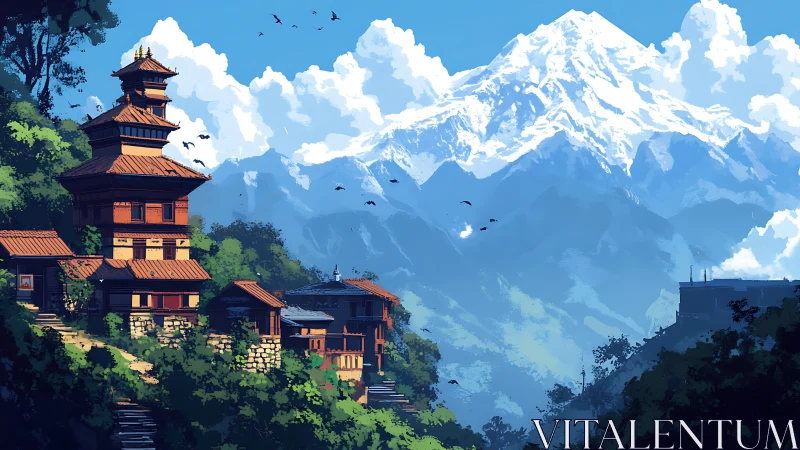 Mountain village with tiered temple sits below snow peak