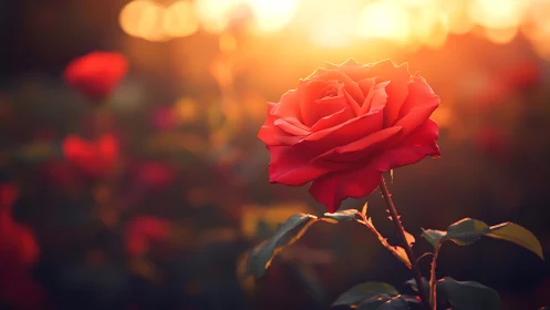 Radiant Red Rose Backlit by Golden Sunset.