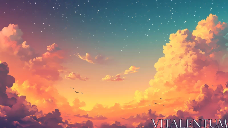 Dreamy pastel sunset clouds under a soft starlit sky.