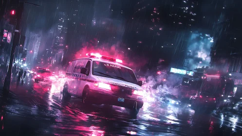 Neon storm ambulance racing through rain-slicked city streets.