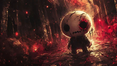 Little stitched wanderer in a glowing haunted corridor.