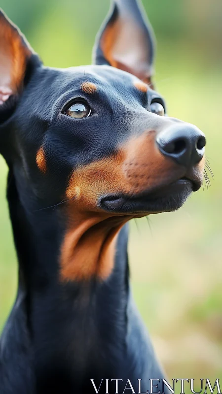 Alert black and tan Doberman in sharp outdoor close-up.