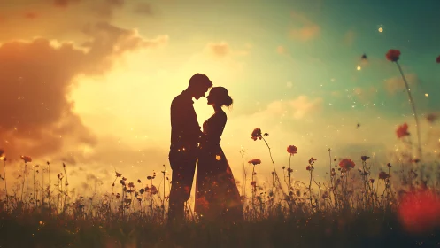 Couple Kissing in Flower Field at Sunset