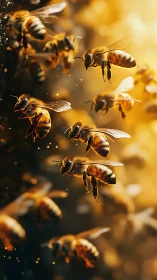 Honeybees in golden backlight with shallow depth of field.