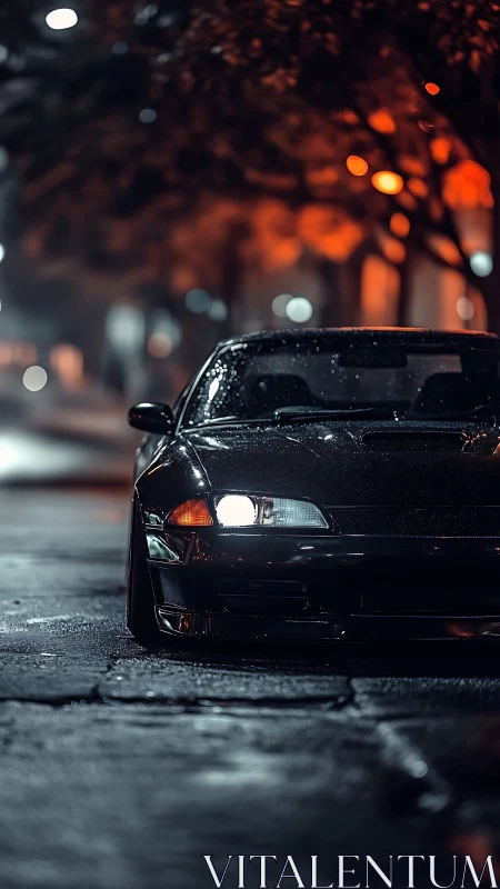 Low-slung tuner car idles under bokeh streetlights at night