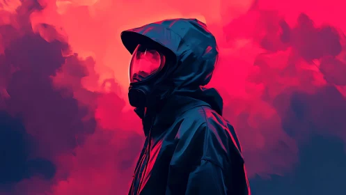 Hooded figure in gas mask against vivid neon clouds.