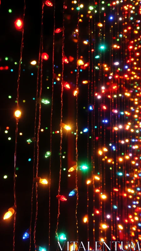 Vertical strands of multicolor festive string lights at night.