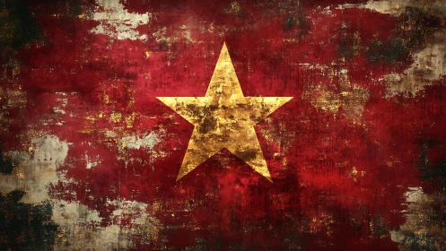 Weathered red banner with distressed central golden star.