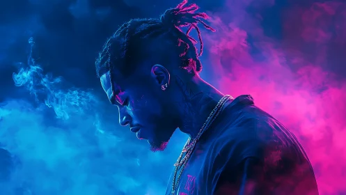 Neon-lit profile portrait in vibrant magenta and cyan haze.