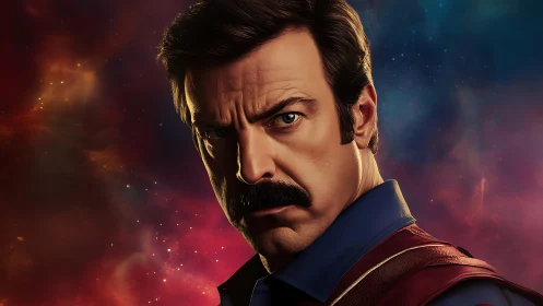 Starlit mustached guardian glares through nebula storm.