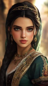 Regal dark‑haired princess gazes ahead in warm golden light