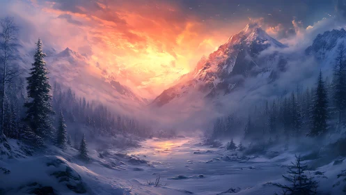 Snowy mountain valley under vivid winter sunrise sky.