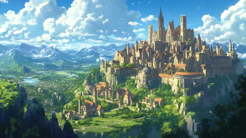 Sunlit cliffside kingdom above sprawling emerald valley.