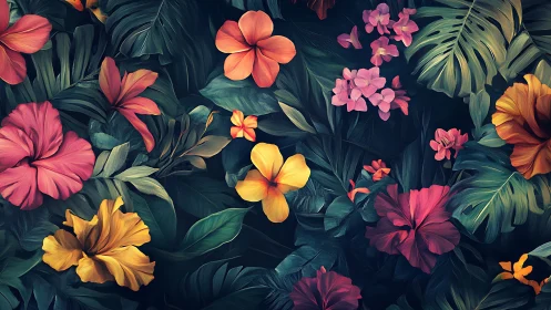 Tropical Floral Garden Against Dark Background.