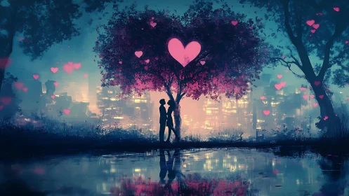 Urban Romance Under Heart-Tree Canopy: Digital Illustration.